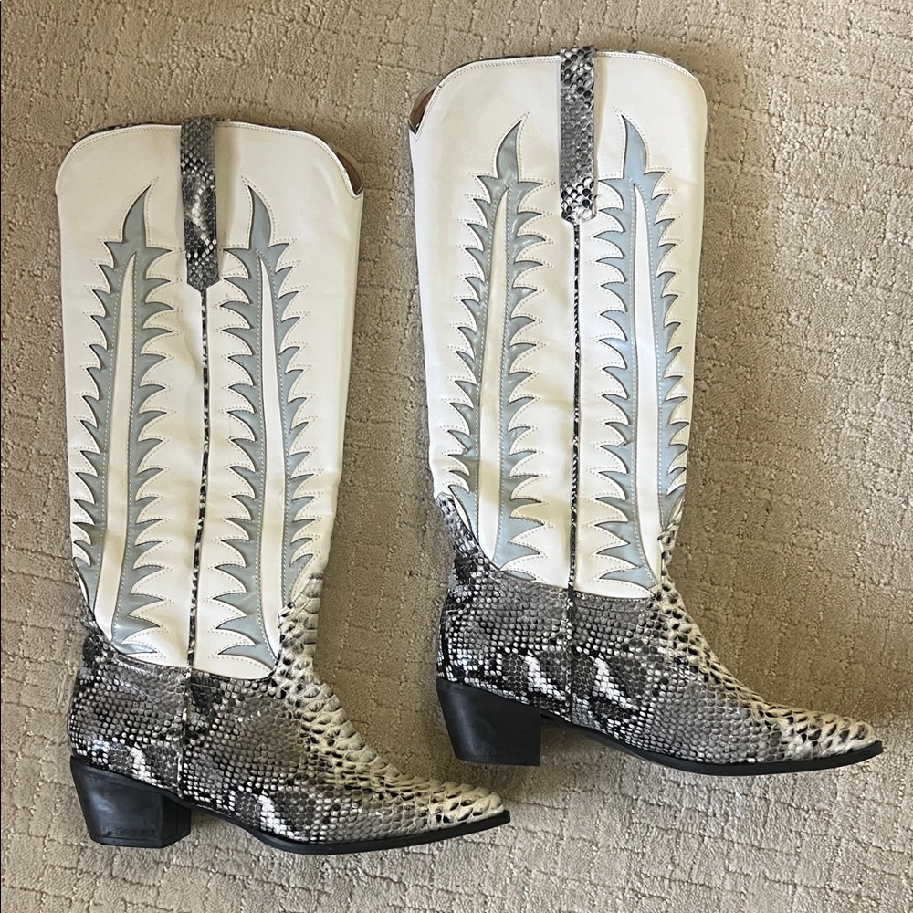 Snakeskin Cowboy Boots with White and Gray Accents